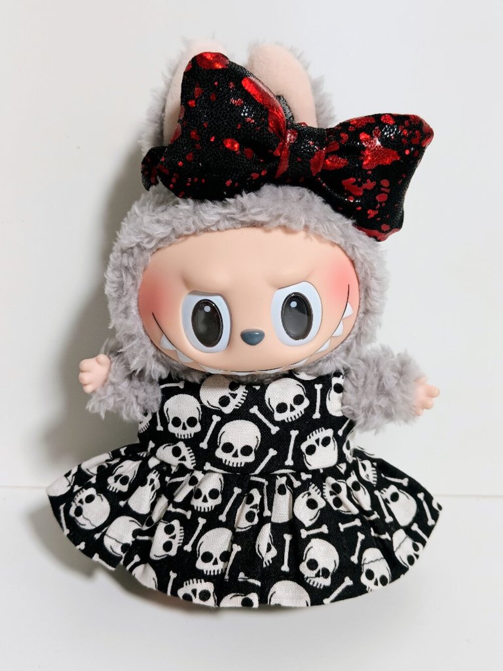 Custom Spooky Skeleton Dress with Metallic Blood Splatter Bow Labubu Outfit